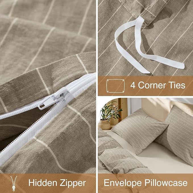 SONORO KATE 100% French Linen Duvet Cover Queen Size, Soft Breathable for Hot Sleepers, Moisture Wicking & Durable Cover Set - Zipper Closure & 4 Corner Ties Duvet Covers 3 PC (Linen & White Stripes)