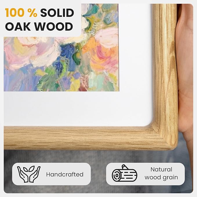16x24 Poster Frame, USA-Sourced Oak Wood Frame Wall Mounted, 16x24 Picture Frame with Real Glass, 16 x 24 Picture Frame Matted to 12x18 Photo for for for Vertical & Horizontal Hanging, 1 Pack
