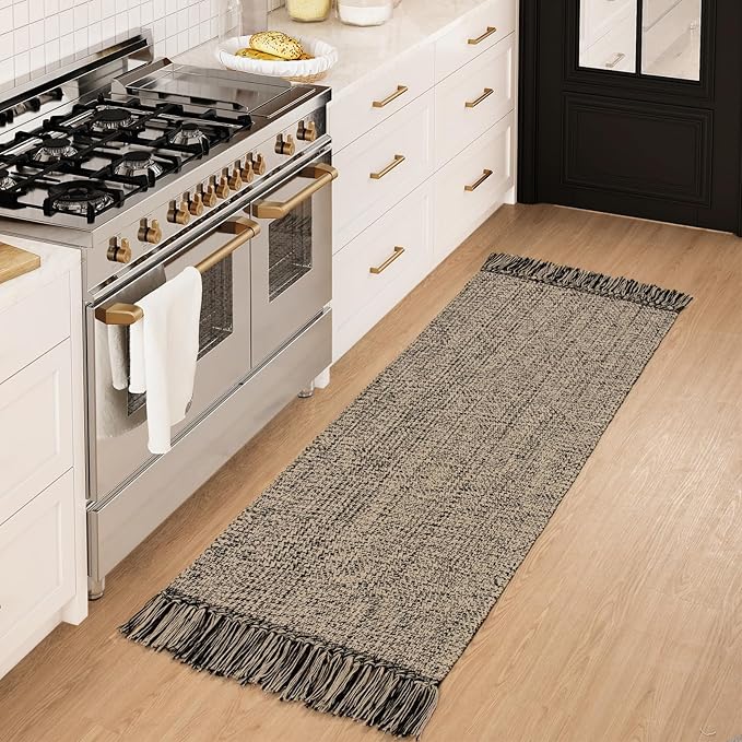 Collive Kitchen Runner Rug, 2x4.3 Hand-Woven Reversible Washable Bathroom Runner Rug for Entryway, Natural/Black Cotton Woven Boho Farmhouse Front Door Rug for Bedroom Entry Kitchen Floor Door Decor