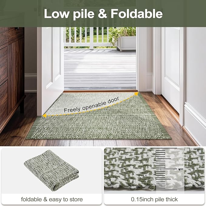 LEEVAN Small Bathroom Rug 2' x 3', Washable Green Entryway Rug, Low Profile Reversible Front Door Mat, Farmhouse Kitchen Mat Modern Carpet for Bedroom/Porch/Back Door Decor