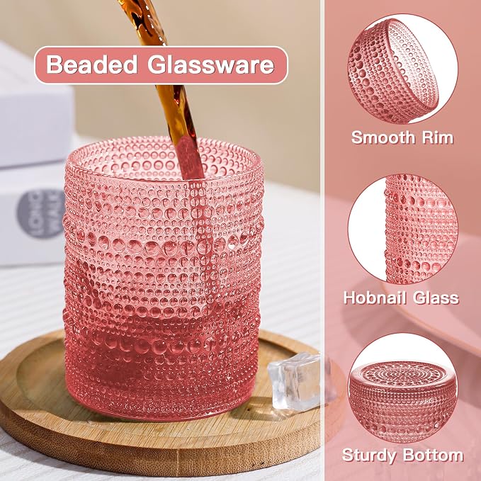 JOVGANK Pink Vintage Hobnail Drinking Glasses Set of 6, Embossed Water Tumbler 12oz, Kitchen & Bar Beaded Glass Cups, Beverage Glass Cups for Water, Beer, Juice, Housewarming Gift
