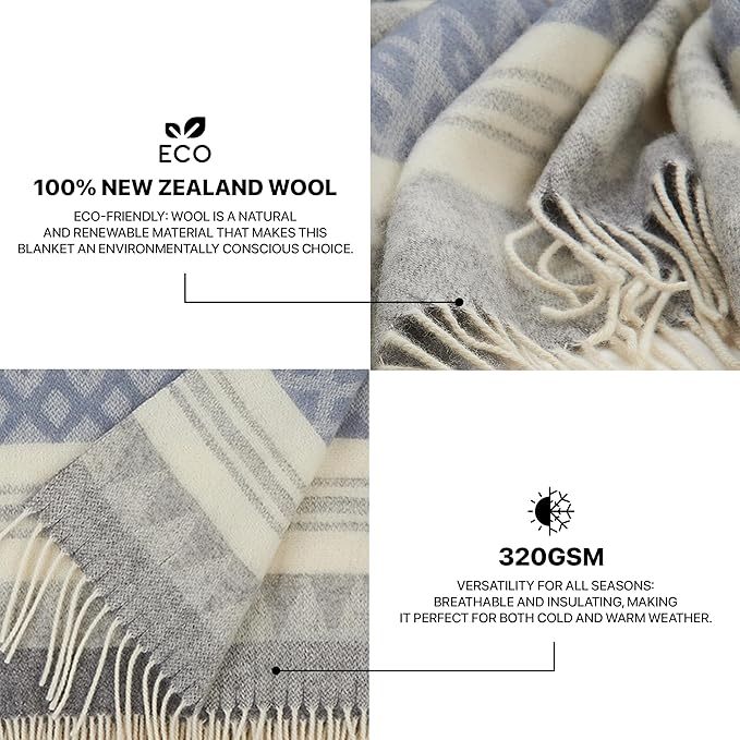 | Wool Blanket/Throw | 100% New Zealand Wool | Perfect for Home and Outdoors | Virgin Wool Throw with Fringes 75"x87" (190 x 220 cm)
