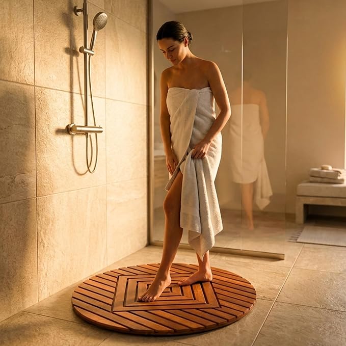 Designer Round Teak Shower Mat, Xtra-Large 32” Diameter, Waterproof, Teak Oil Finish, for Bathroom, Pool, Spa, Boat, Sauna, Patio, Front Door from Our Diamond Collection
