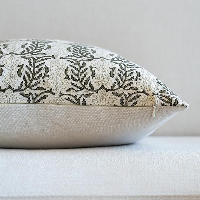 FIOUOVO Floral Throw Pillow Covers 20x20 Set of 2 Block Print Cushion Covers Farmhouse Neutral Accent Decorative Pillow Covers Home Decor for Sofa Couch Living Room Bedroom, Olive Green