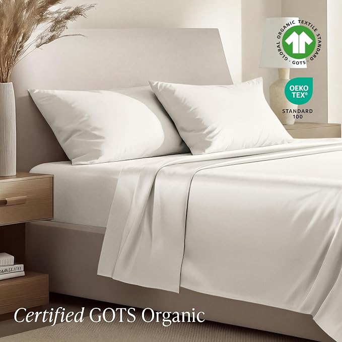 Bare Home 100% Organic Cotton Split Head Flex King Sheet Set - 400 Thread Count - Smooth Sateen Weave - Breathable & Cooling - Hotel Luxury Set - Deep Pocket Bed Sheets (Split Head Flex King, Cream)