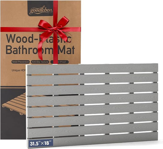 Bamboo-Design Bath Mat, Heavy Duty HDPS Plastic, 31.5"x18", 400lb Support, 100% Waterproof & Fadeproof, Superior to Real Bamboo for Bathroom Shower Spa Sauna Poolside Outdoor (Gray Color)
