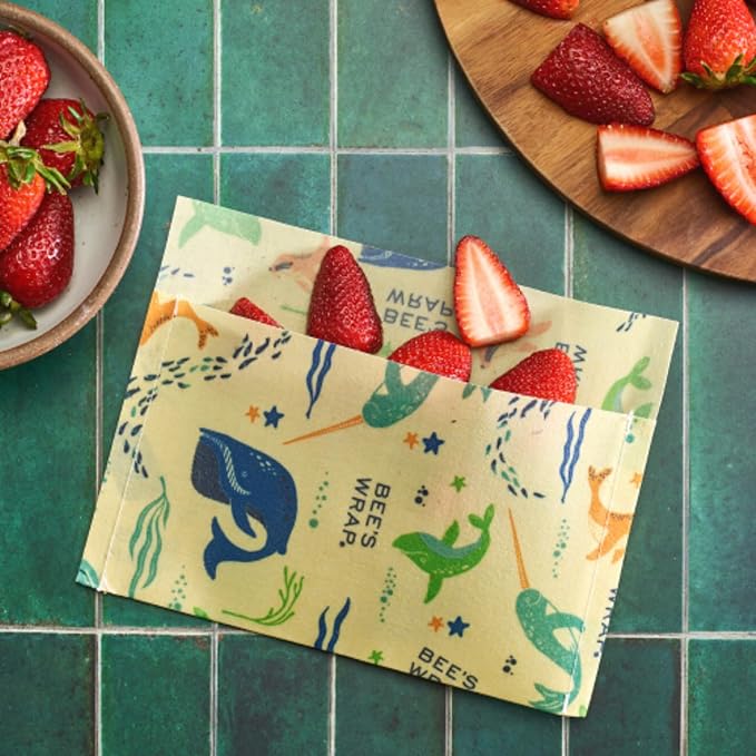 Bee's Wrap Beeswax Wraps for Food - 2 Pack of Assorted Beeswax Wraps - Snack Bag & Sandwich Wrap - Plastic Free Made in USA Reusable Natural Food Wrap - Under The Sea