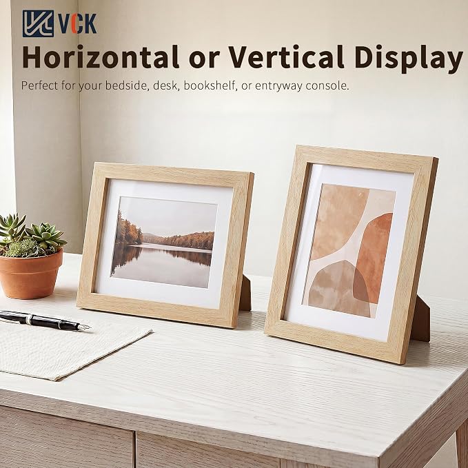 VCK 8x10 Picture Frames Natural - 3 Pack, Wide Border Solid Wood, Tempered Glass, Display 5x7 Photo with Mat or 8 x 10 Without, for Home, Office, Gallery, Woodgrain Series, Tabletop & Wall Hanging