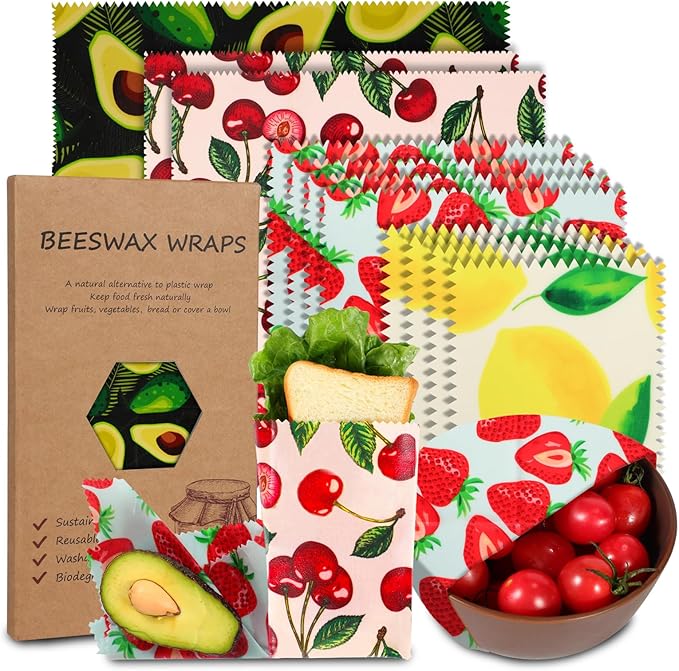 Reusable Beeswax Wrap, 11 Pack Eco-Friendly Beeswax Wraps For Food, Organic, Sustainable, Biodegradable, Zero Waste, Plastic-Free Food Storage, 1L Avocado, 2M Cherry, 4S Strawberry, 4XS Lemon Patterns