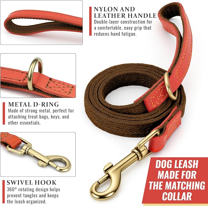 Nylon Dog Leash and Collar Set with Metal Quick Release Buckle, Adjustable, Durable High-Density Fabric, Breathable, Soft and Comfortable, No Pull for Walking and Training, Brown, M (12.5"-19.6")