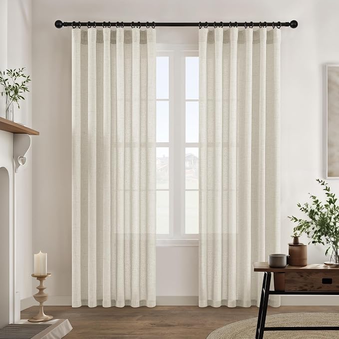 Natural Linen Curtains 92 Inches Long for Living Room Bedroom 2 Panels Cream Linen Semi Sheer Drapes Hook Belt Rod Pocket Window Curtains Boho Neutral Light Filtering Drapes