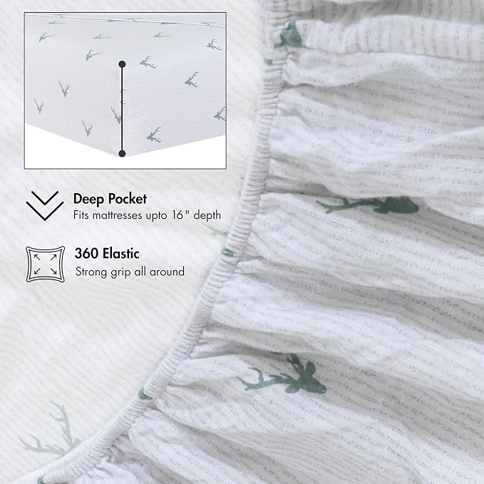 RUVANTI Flannel Sheets Twin Size - 100% Cotton Double Brushed Twin Sheets Set, Deep Pockets 16 Inches, All Seasons Breathable & Extra Soft Bed Sheets, Warm & Cozy, 3 Piece, Stag Synphony