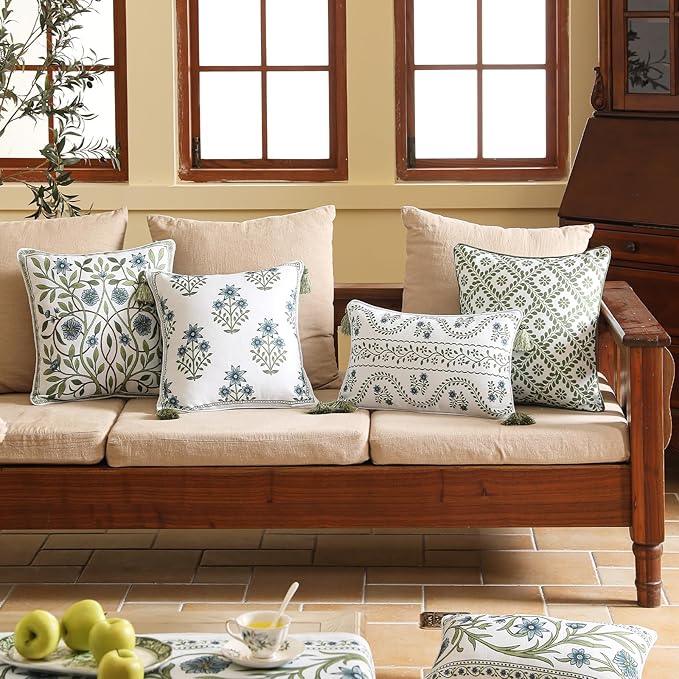 ISAENNE Design Fresh Linen Square Throw Pillow Covers 18"x18" Pack of 2, French White Cottage Cushion Covers with Green Branches Pattern Decoration Pillowcases for Bed,Living Room,Outdoor,Car
