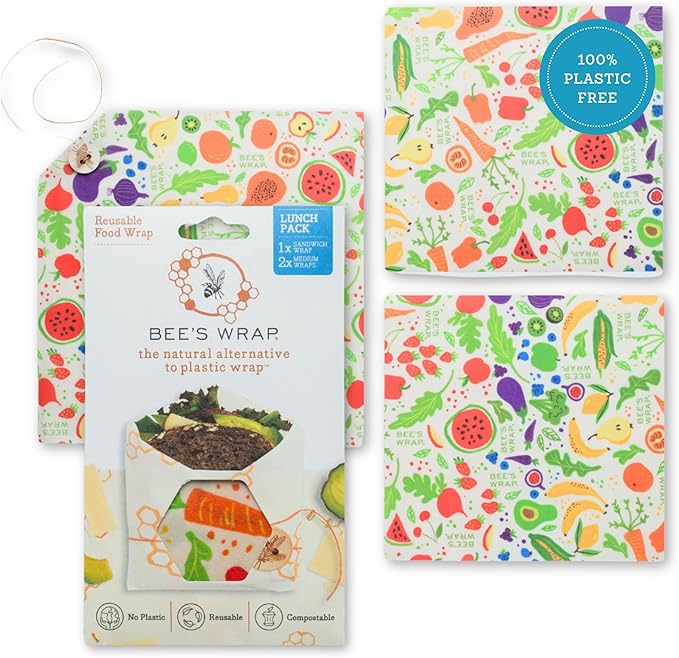 Bee's Wrap Beeswax Wraps for Food - 3 Pack of Assorted Beeswax Wraps - 2 Medium & Sandwich Wrap - Plastic Free Made in USA Reusable Natural Food Wrap - Garden Party