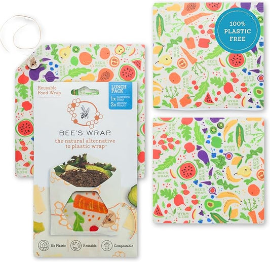 Bee's Wrap Beeswax Wraps for Food - 3 Pack of Assorted Beeswax Wraps - 2 Medium & Sandwich Wrap - Plastic Free Made in USA Reusable Natural Food Wrap - Garden Party