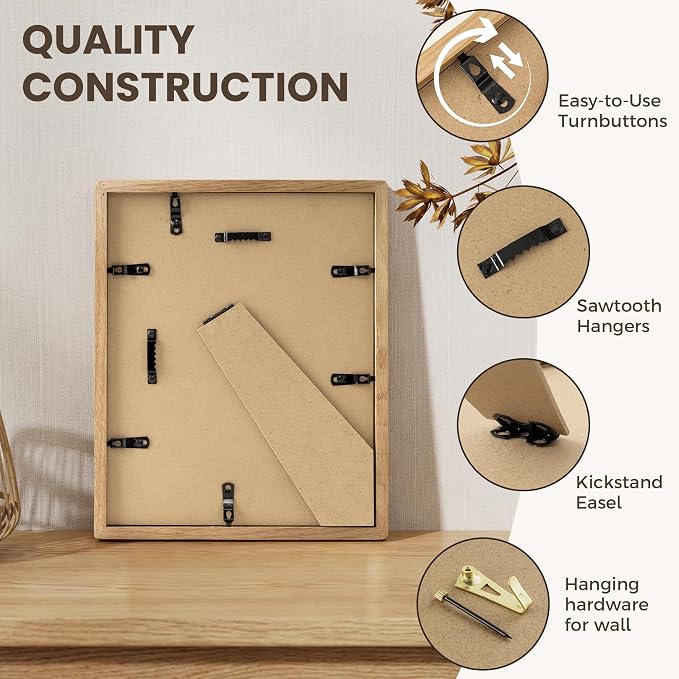 8x10 Picture Frame, USA-Sourced Oak Wood Picture Frame, 8x10 Photo Frame with High Tempered Glass, 8 by 10 Wooden Frame Matted to 5x7 Photo for Wall & Tabletop Display, Oak Color, 1 Pack