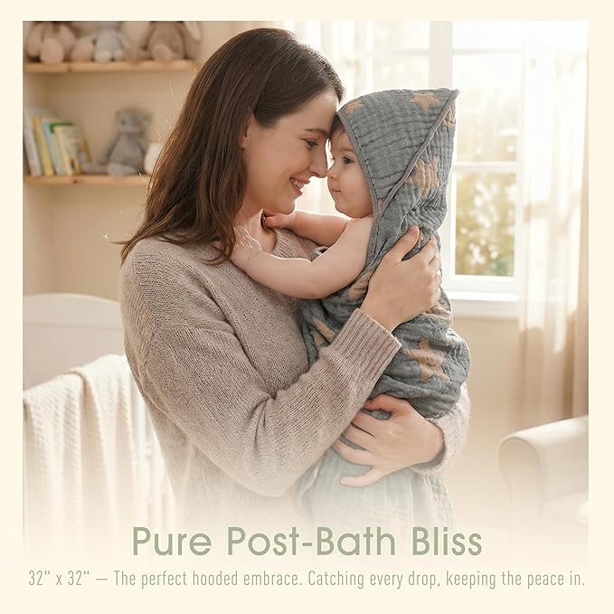 Ultra-Soft Muslin Baby Hooded Towel - 32 x 32 Inches, Ideal for Bath & Beach, Suitable for Both Boys & Girls from Newborns to Toddlers