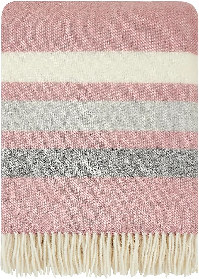 New Zealand Virgin Wool Throw Blanket, Indoor & Outdoor Blankets and Throws, Striped Soft Blanket with Fringes, 55 x 79 in (140 x 200 cm), Pink, Gray, & White