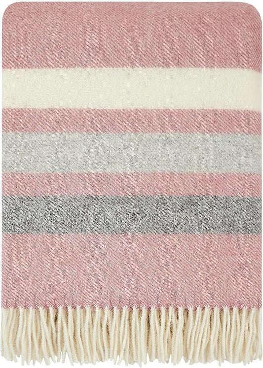 New Zealand Virgin Wool Throw Blanket, Indoor & Outdoor Blankets and Throws, Striped Soft Blanket with Fringes, 55 x 79 in (140 x 200 cm), Pink, Gray, & White