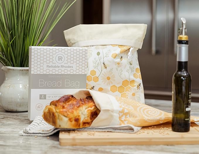 Reusable Beeswax Bread Bag 2 Pack –12x17 Bread Bag for Homemade Sourdough, Beeswax Coated Organic Cotton Storage Bag for Loaf Baguette, Freezer Safe, Eco-Friendly Wrap Spiral Blossoms