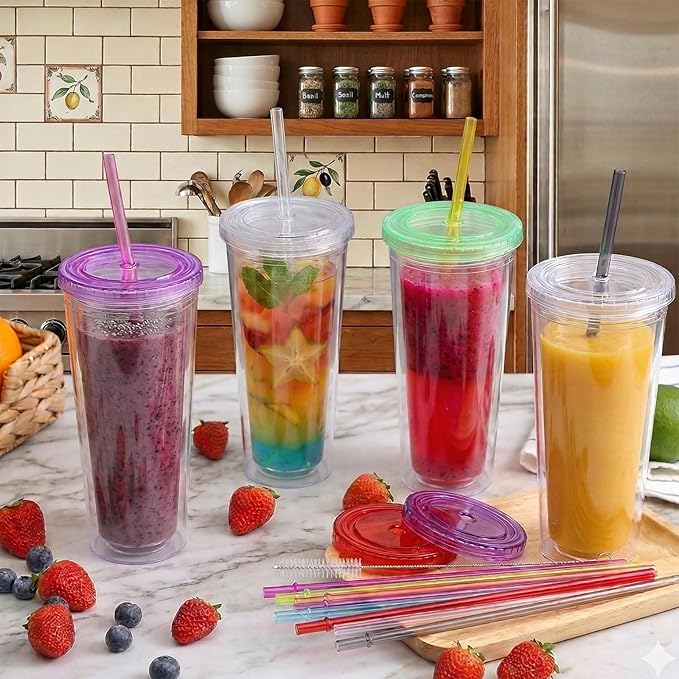 ALINK 24 Pcs Reusable Straws, 10.5 Inch Long Tritan Hard Plastic Straws with 4 Brushes, 12 Colors Clear Repacement Straw for 30oz 20oz 16oz Tumbers, Stanley, Starbucks, YETI, Mason Jars, BPA Free
