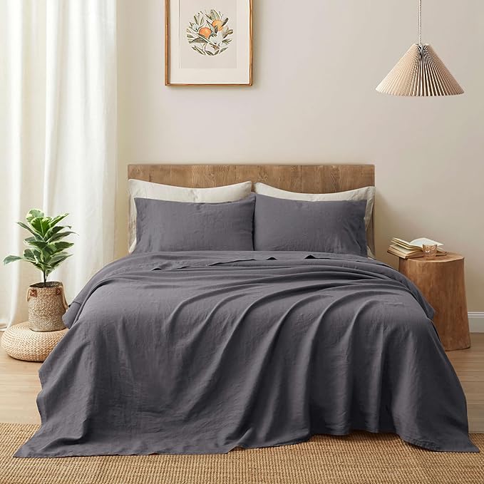 ATLINIA 100% Pure Flax Linen Bedding Set - Stone Washed French Linen Fabric Deep Pocket Fitted Sheet Farmhouse Flat Sheet 2 Pillowcases (Dark Grey, California King)