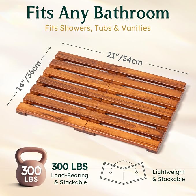 Premium Teak Shower Mat - 21" x 14" Non-Slip Wooden Bath Mat for Bathroom Floor, Fast-Drying Spa-Style Solid Wood Duckboard, Indoor & Outdoor Use