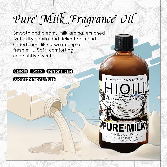 HIQILI Pure Milk Fragrance Oil for Soap Making & Body Wash - 5.07 Fl Oz | Long-Lasting Scent, Suitable for Home Diffuser, Making Candle, Scrub, Skin Product, Pet Safe, Graduated Dropper Included