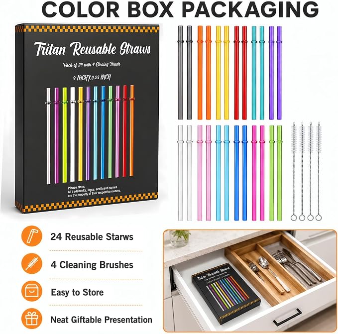 24 Pack Reusable Plastic Straws with 4 Brushes, 9" Tritan Hard Straws | 12 Clear Colors Replacement Straws for 12oz 16oz 20 oz Tumblers, Mason Jars, Stanley, YETI, Starbucks Cups, BPA Free