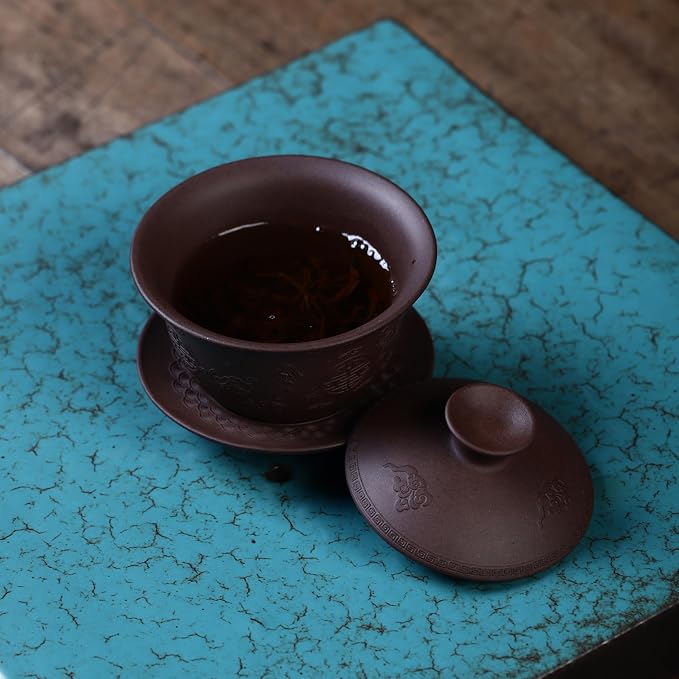 Yixing Clay Zisha Gaiwan 5 Oz,Chinese Kungfu Tea Bowl Cup,Blooming and Loose Leaf Tea Cup Set -Purple Clay