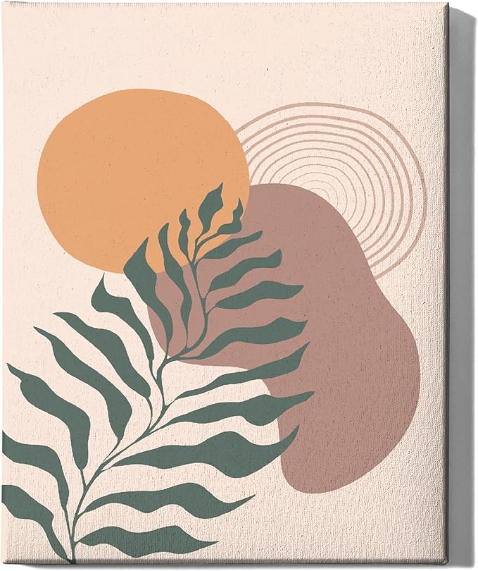 Boho Monstera Leaf Wrapped Canvas Wall Art Abstract Sun Earth Tones Terracotta 16x20 Inch Gallery Stretched Mid Century Modern Home Art Decor