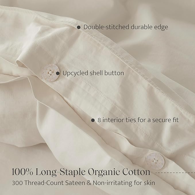 Double Stitch Organic Cotton Queen Bundle: 4-Piece Sheet Set & 3-Piece Duvet Cover, 300 TC Sateen Weave, GOTS Certified Long Staple Cotton, Made in India, Coconut Milk