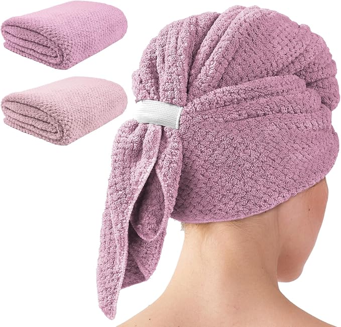 my novel things 2 Pack Extra Large Microfiber Hair Towel, 37.4" x 26.4" Towel Wrap for Women, Super Absorbent & Quick Drying Hair Towel with Elastic Strap for Curly Long Hair