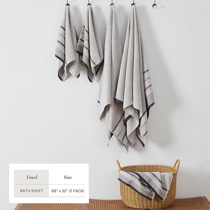 Great Bay Home Decorative Oversized Bath Sheet Set - Cotton 2 Pack 68x35 Extra Large Towels - Durable Towels for Bathroom Decor (Light Grey/Mid Grey/Dark Grey)