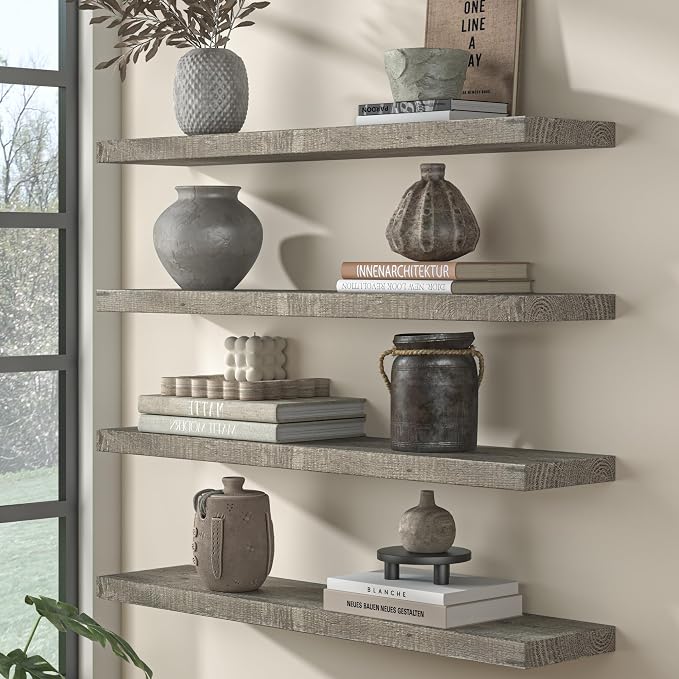 Fun Memories 55 Inch Reclaimed Wood Floating Shelves for Wall, 8 Inch Deep Extra Long Rustic Farmhouse Shelf with Invisible Brackets for TV Wall, Fireplace Mantel & Living Room, Grey