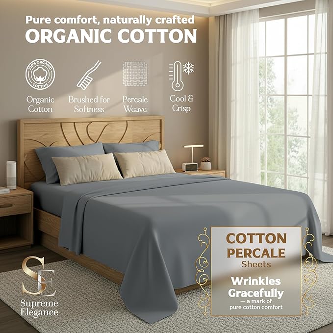 Supreme Elegance 100% Organic Cotton King Size Sheets Set (4Pc), Percale Weave, Crisp, Breathable & Cooling Sheets for Hot Sleepers, Brushed for Softness, Includes 16" Deep Pocket Fitted Sheet, Silver