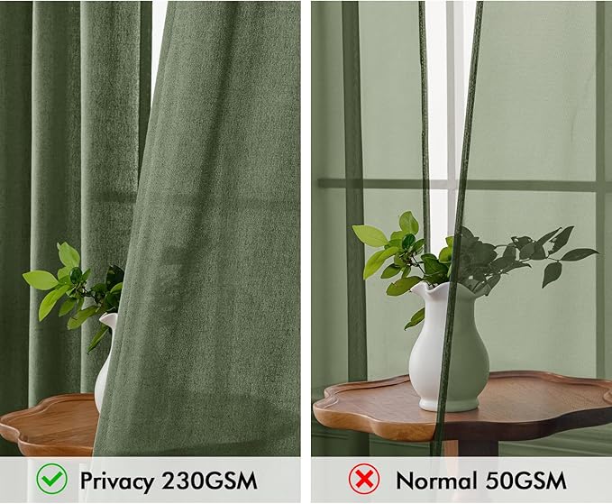 MIULEE Non-See-Through Privacy Linen Curtains 2 Panels, Olive Green Light Filtering Window Curtains Farmhouse Textured Back Tab Semi Sheer Drapes for Bedroom Living Room 72 Inches Long Dark Green