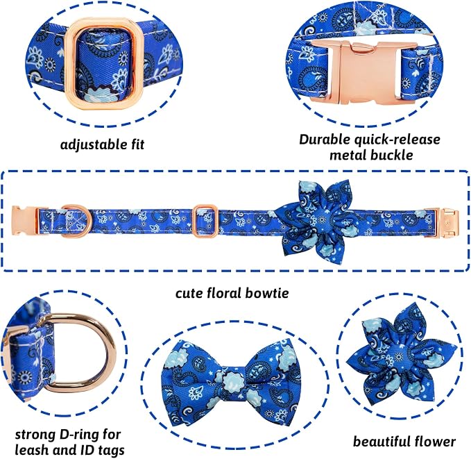 Dog Collar and Leash Set Girls Adjustable Puppy Collars with Floral Bow Tie for Small Medium Large Female Dogs, BluePaisley, XS