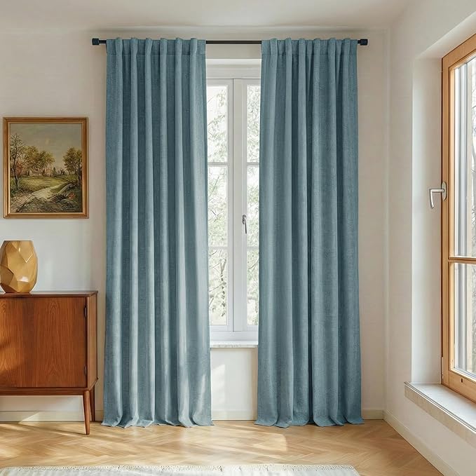 NICETOWN 100% Blackout Blue Curtains 108 inch Long, Linen Blend Thermal Insulated Curtains with Grey Liner for Living Room, Farmhouse Style Large Window Drapes for Hall (2 Panels, 52" Wide per Panel)