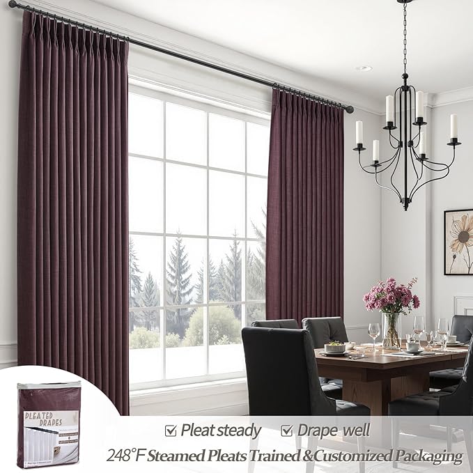 Purple Extra Long Pinch Pleated 108 Inch Curtains for Living Room 2 Panels Set, Black Out Memory Trained Two Layer Heavy Linen Thermal Sound Dampening Elegant Windows Drapes 9 FT Length Luxury Decor