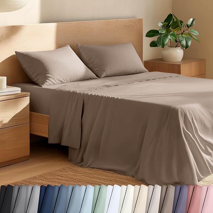 Bare Home 100% Organic Cotton Queen Sheet Set - Crisp Percale Weave - Lightweight & Breathable - Bedding Sheets & Pillowcases (Queen, Taupe)