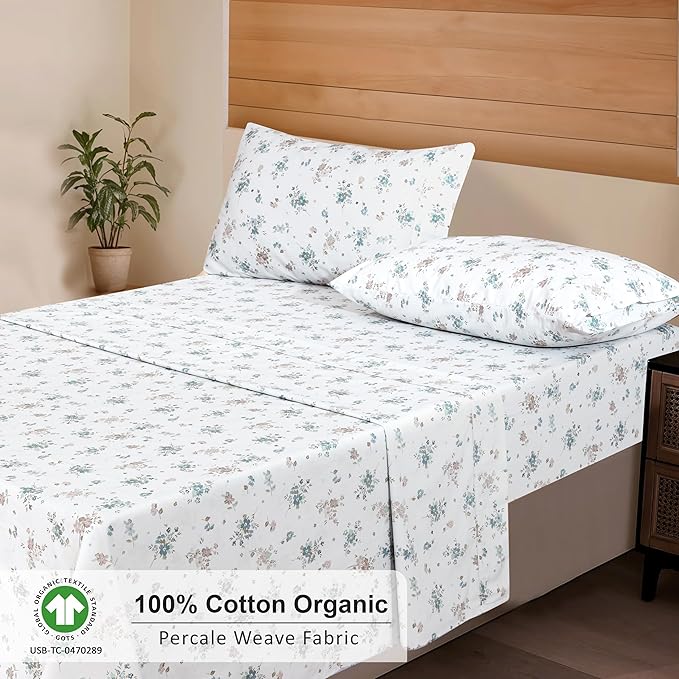RUVANTI 100% Cotton Organic Percale Sheets Queen Size – Crisp Cooling Bed Sheets for Hot Sleepers, Deep Pocket 15”, Soft Peach Finish, Breathable & Durable Hotel-Style 4 Pcs, Halcyon