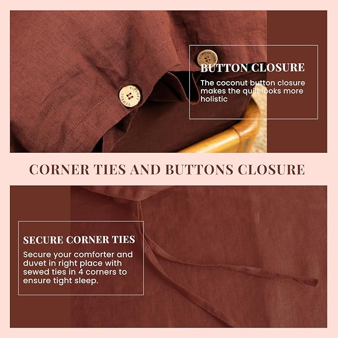 S VICTORY SYMBOL 100% Organic Linen Duvet Cover Set King Size 3pcs,Natural French Washed Flax Solid Color Soft Bedding(1 Duvet Cover and 2 Pillowcases) with Coconut Button Closure(Burgundy)