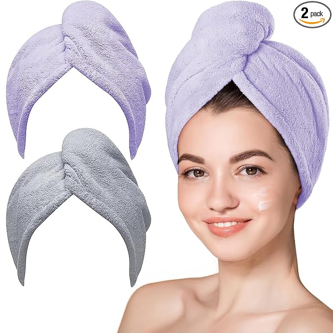 Hicober Microfiber Hair Towel, 2Packs Hair Turbans for Wet Hair, Drying Hair Wrap Towels for Curly Hair Women Anti Frizz (Purple,Grey)