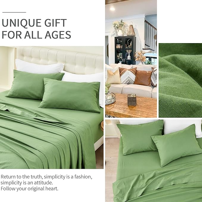 BISELINA Linen Sheet French Flax Flat Sheet Only 55% Euro Linen 45% Cotton Basic Style Solid Color Soft Breathable Farmhouse Top Sheet 1-Piece (Twin, Khaki Green)