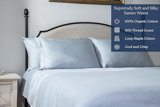 GOTS Certified 100% Organic Cotton Sheets, 400TC Long Staple Cotton, Ultra Soft, Silky, Moisture-Wicking, Smooth & Breathable, with Elasticized Deep Pocket