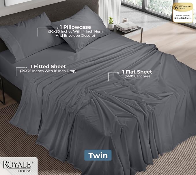 ROYALE LINENS 100% Organic Cotton Twin Sheet Set - Percale Weave - 3 Pieces Set - 1 Flat, 1 Deep Pocket Fitted Sheet and 1 Pillowcases - Grey Bed Sheets - Sábanas Twin - Crisp Cool (Grey)
