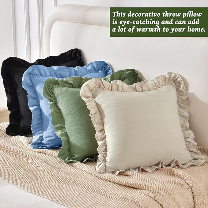 AmHoo Pack of 2 Throw Pillow Covers 100% Cotton Pre Washed Ruffle Decorative Pillowcase Cushion for Couch Sofa Bedroom 16 x 16-Inch Beige