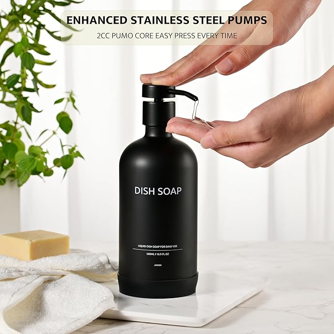 Glass Soap Dispenser Bathroom Set by Janxin, Foaming Kitchen soap Dispenser with Ceramic Tray for Dish Soap, Liquid Soap Dispenser for Hand Soap, Lotion, Body Wash (Black)