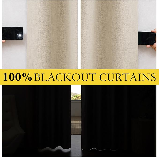 NICETOWN 100% Black Out Curtains 84 inch Long, Beige Curtains with Thermal Insulated Grey Liner, Thick Linen Blend Rod Pocket & Back Tab Draperies for Apartment, Living Room (1 Pair, 52" W per Panel)